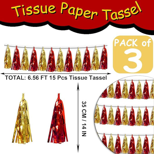 3P Red Gold Metallic Fringe Banner Garland Foil Tinsel Streamer Wall Hanging Curtain Backdrop Banners for Parade Floats Graduation Halloween, Christmas, Baby Bridal Shower Party Decorations