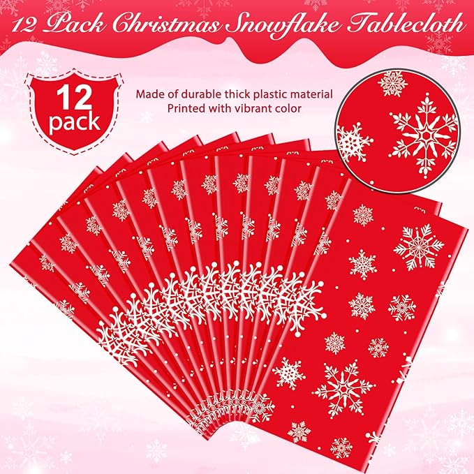 Jectivs 12 Pieces Christmas Snowflake Plastic Party Tablecloth Decorations,White Snowflake Red Xmas Backdrop Sign Table Cover Banner for Winter Christmas Holiday Party Supplies,54x108 inch (Red)