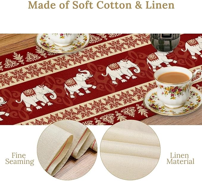 Boho Elephant Table Runner, Vintage Tribal Traditional African Animals Ethnic Folk Red Table Center Decor for Home Kitchen Dining Patio Holiday Party Indoor Outdoor Table Decorations, 13"x90" Inch