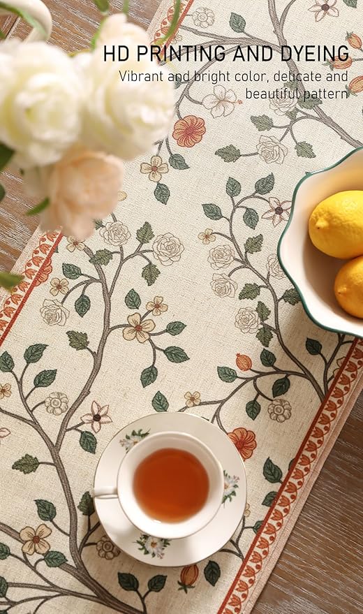 ISAENNE Designer Elegant Linen Floral Table Runner 71 Inches Long,Farmhouse Light Beige Durable Decor Table Runners for Dining Tables,Thanksgiving,Kitchen Tables,Christmas,12"*71"-Flora A