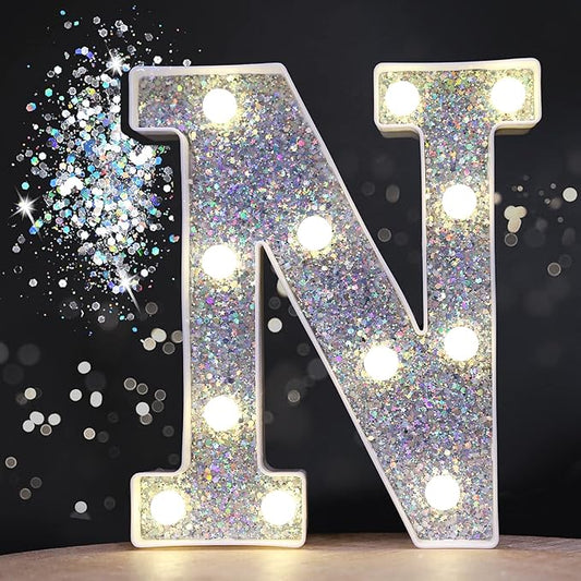 Pooqla Light Up Letters, LED Marquee Letters for Silver Birthday Decorations, Battery Powered Night Light Teenager Girl Room Decor, Gift for Girls Boys Wedding Bedroom Christmas Party Decor, Letter N