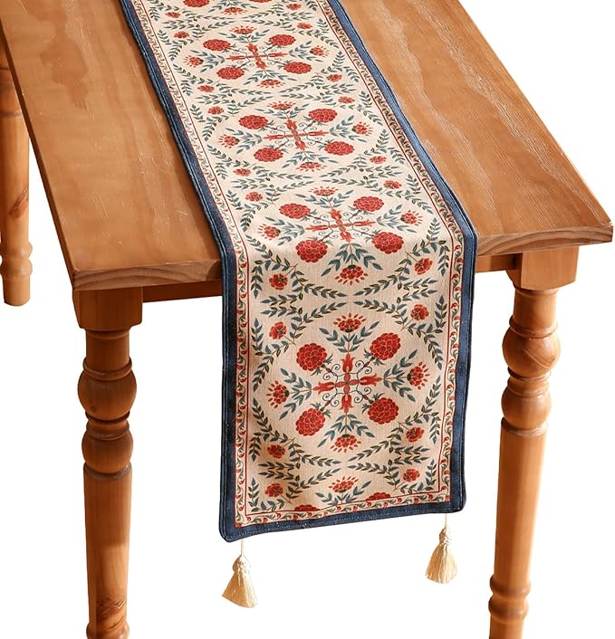 patdrea Designer Vintage Bright Farmhouse Extra Long Linen Table Runner 118 Inch Long, Maroon Floral Pattern Table Mat, Decor for Kitchen Dining Coffee Table Cabinet Banquet Christmas ,16"*118"
