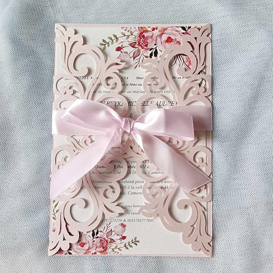 25PCS Blush Pink Laser Cut Wedding Invitations Cards with Envelopes,Blank Inner Sheets,Ribbons for Wedding Bridal Shower Quinceañera Engagement Birthday Invites
