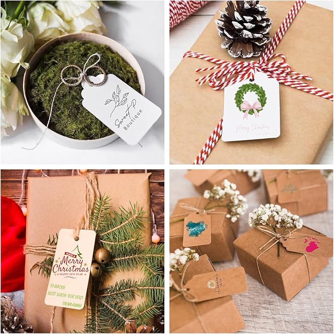 Custom Hang Tags, Personalized Logo Text Price Tags Kraft & Paper Gift Tags with Jute for Jewelry Crafts Wedding Birthday Celebrating Christmas Day Thanksgiving, 100 Pack (1.7x2.79 INCHES)