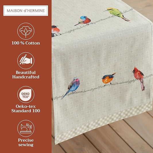 Maison d' Hermine Table runner 100% Cotton Double Layer Table Runners 72 inches long Decorative for Home Kitchen Dining Party Wedding Bridal Shower Spring Summer (Birdies On Wire, 14.50" x 72")