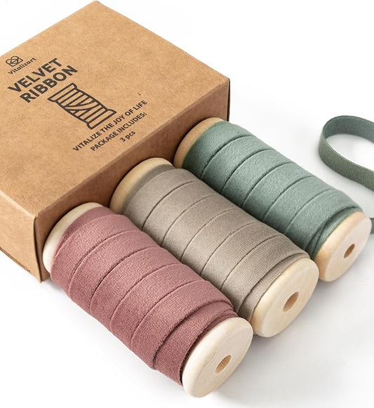 Vitalizart Velvet Ribbon Red Green Set 3/8" x 15 Yd Wooden Spool Fabric Trim 3 Rolls * 5 Yd for Christmas Wreath Decoration Handmade Craft Ornaments Gift Wrapping & Bow Making
