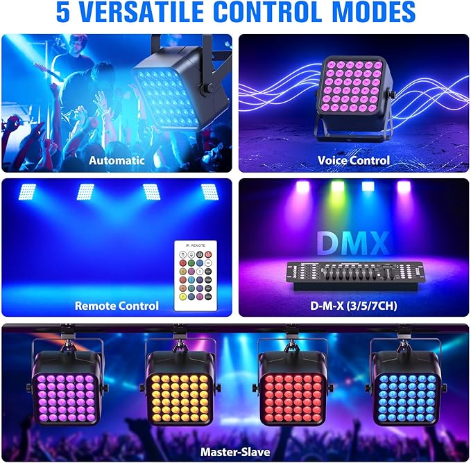 Rechargeable Par Can Lights, 72W RGB 5200mAh Uplights Battery Powered Stage Light, Wireless DJ Lights Sound Activated with Remote & DMX Control for Festivals, Weddings, Bars, Churches, DJ (2 Packs)