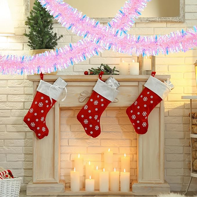 72 Feet Christmas Tinsel Garland Shiny Metallic Tinsel Twist Garland Streamers Ornaments Long Glitter Christmas Tree Hanging Decorations for Party Holiday Wedding Birthday Tree Wall Rail (Pink)