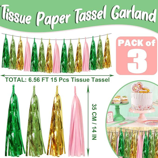 3P Sage-Green Pink-Gold Foil Fringe Metallic Tassel Garland, Tassels Banner Streamers for Parade Floats, Bachelorette, Wedding, Birthday, Halloween, Christmas, Bridal/Baby Shower Party Decorations
