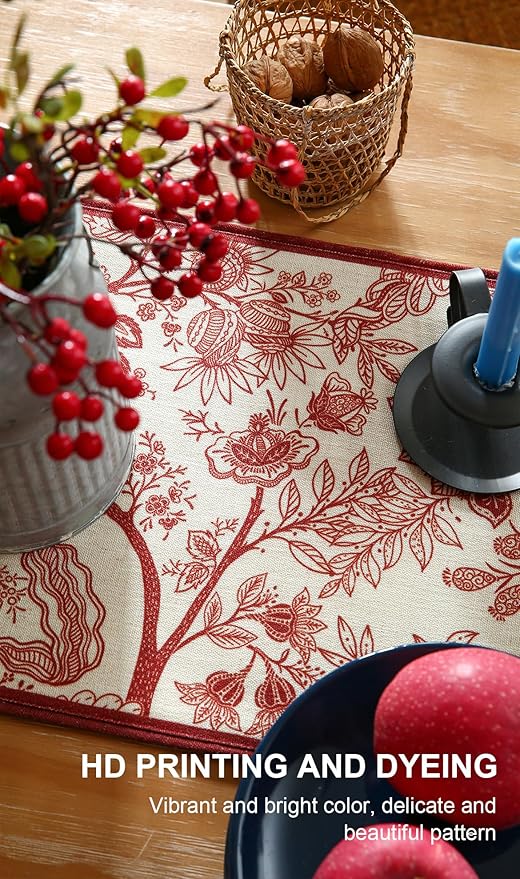ISAENNE Designer Chinoiserie Elegant Linen Table Runner 71 Inches Long,Red Floral Pattern Decor Table Runners for Thanksgiving,Dining Room,Banquet,Kitchen Tables,Christmas,12"*71"-Ruyi A