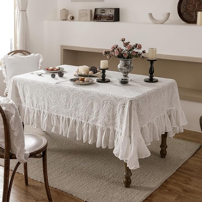 patdrea Vintage Ruffle Tablecloth for Rectangle Tables,Farmhouse Embroidered Cotton White Lace Table Cloth Cover Decor for Dining Room Wedding Banquet Thanksgiving Christmas,59"*91"