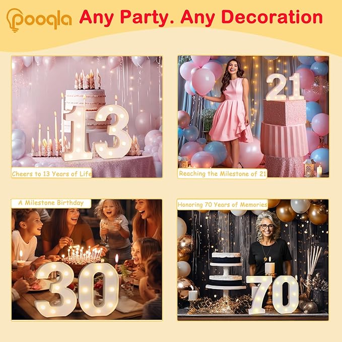 Pooqla Decorative Led Light Up Number Letters, White Plastic Marquee Number Lights Sign Party Wedding Decor Battery Operated Number (1)
