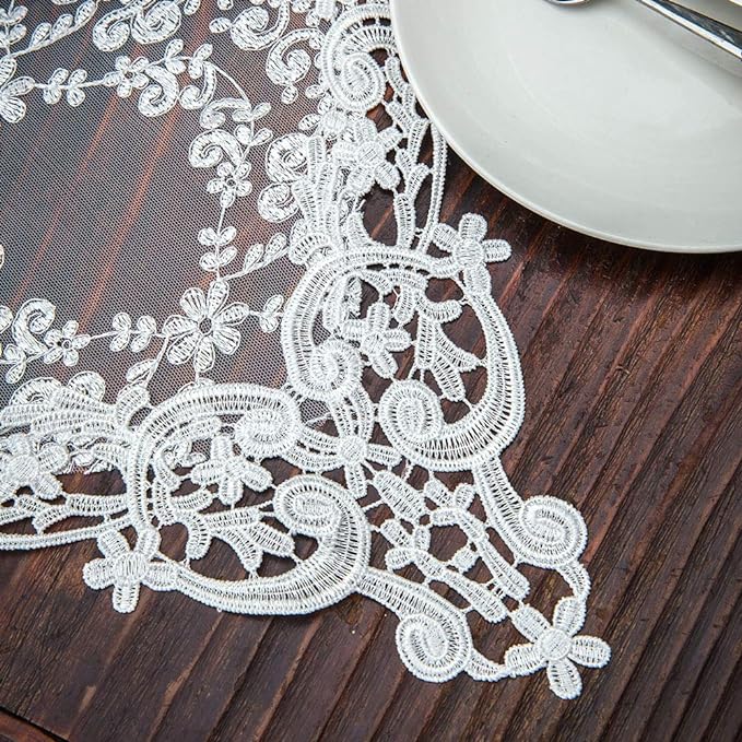 ARTABLE Rectangle Table Runner Lace Macrame Embroidered Table Runners with Exquisite Vintage Shabby Chic for Holiday Wedding Long Dinner Tables (White, 12 x 120 Inch)