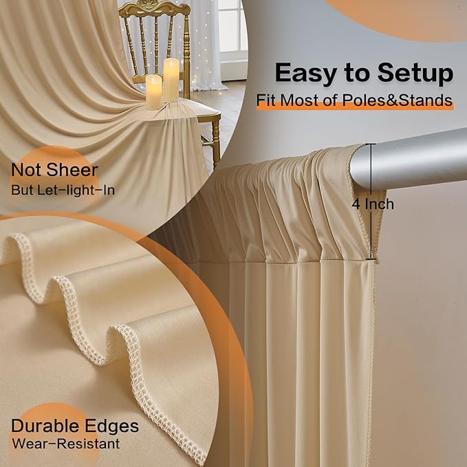 40×12 ft Wrinkle Free Beige Backdrop Curtain for Weddings Parties, 8 Panels 12ft Silky Polyester Wedding Drapes Backdrop Photo Back Drop Cloth for Birthday Baby Shower Photography Backgrounds