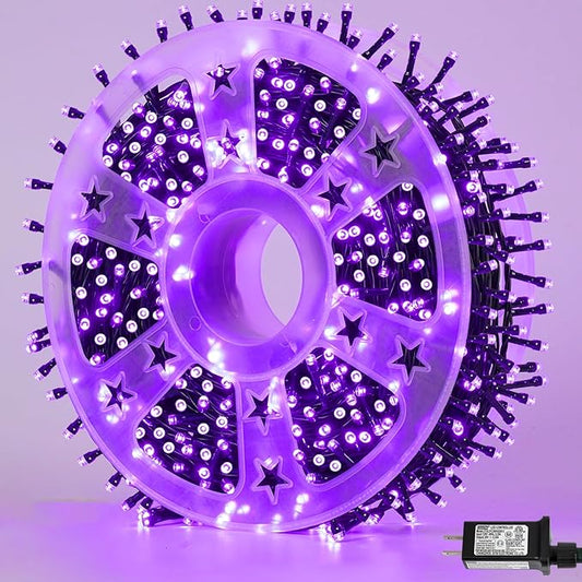 YEGUO 165ft 500 LED Halloween Lights Outdoor Waterproof, 8 Modes Purple String Lights Plug in, Green Wire Christmas Lights Indoor with Timer Memory
