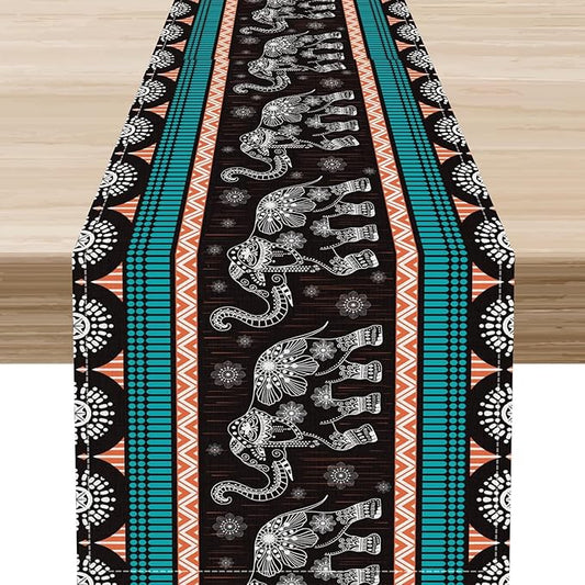 Boho Elephant Table Runner, Vintage Tribal Traditional Bohemian African Animals Ethnic Folk Table Center Decor for Home Kitchen Dining Patio Holiday Party Indoor Table Decorations, 13"x108" Inch