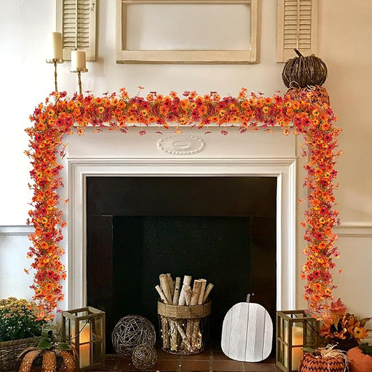 Fall Mums Flowers Artificial Garland for Decoration, 4 Pack 5.9 FT Faux Mums with Eucalyptus Leaves Ivy, UV Resistant Fake Fall Daisy Floral Vine Flowers for Home Garden Wedding Backdrop Decor