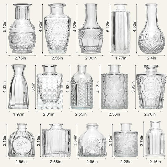 Arme 16Pcs Glass Bud Vase Set，Small Flower Vase for Centerpieces，Clear Bud Vases in Bulk， Mini Vintage Vase for Rustic Wedding Decorations