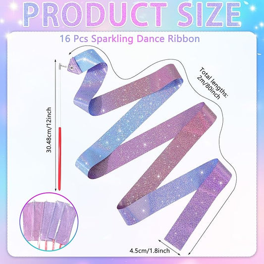 16 Pcs Sparkling Dance Ribbon for Kids Rhythmic Gymnastics Birthday Party Favors Twirling Streamer for Girl Princess Artistic Dancing Outdoor Game Supplies(Gradient Blue Purple)