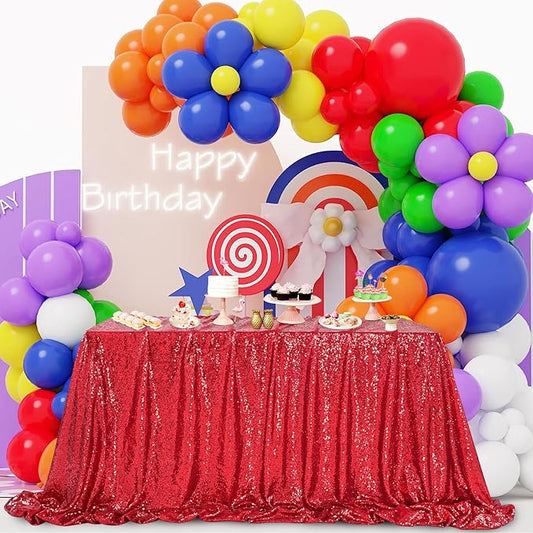 QueenDream Red Sequin Decorative Party Tablecloth: Large Shimmer Dessert Table Overlay 90x90 Inch Dinner Table Drapes Cocktail Xmas Decor