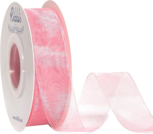 Ribbli Rose Pink Sheer Organza Ribbon,1 Inches x Continuous 50 Yard Use for Gift Wrapping,Bouquet Wrapping,Wedding Decoration,All Crafting and Sewing