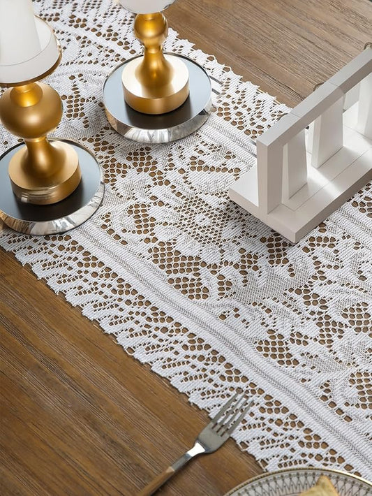 Jayla White Lace Table Runners, Elegant Vintage Lace Table Runner, Wedding Lace Decor with Floral Embroidery,Tea Party Decor, 13x36 Inch