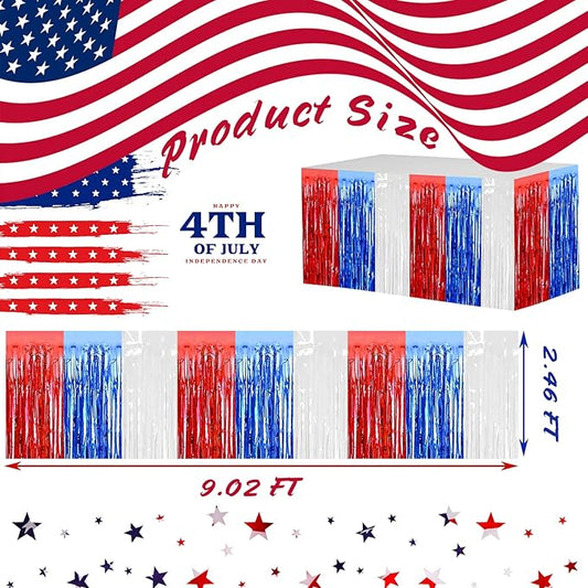 4 Pack 29x108 Inch Metallic Foil Fringe Tinsel Table Skirts for Rectangle Tables Streamer Backdrop for Wedding, Birthday, Parade Floats, Christmas, Halloween Party Decoration(White Blue Red)