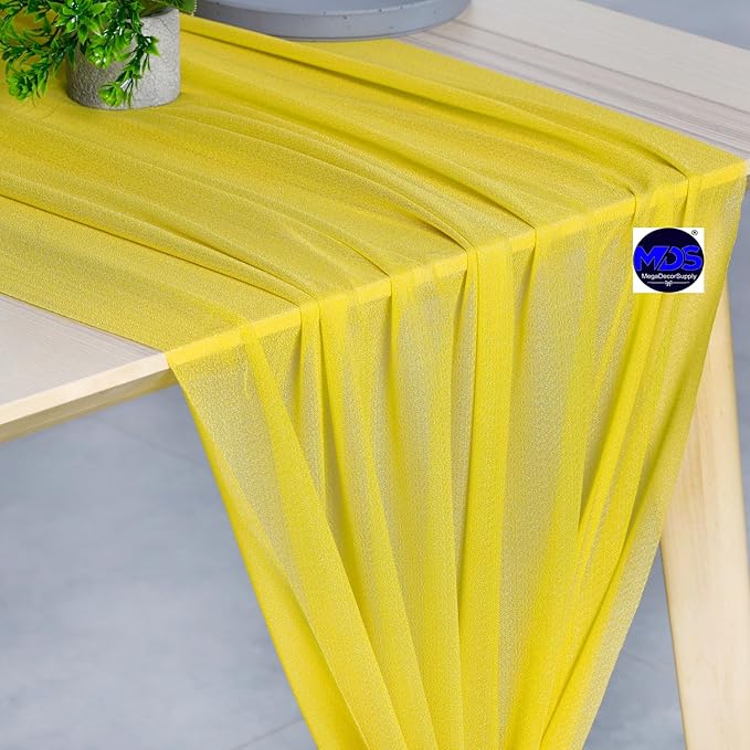 MDS 25 Pack 10ft Chiffon Table Runner 29 x 120 Inches Sheer Wedding Runner Romantic Rustic Table Runner for Wedding Decorations, Birthday Parties, Bridal Shower Party Arch Decor - Yellow