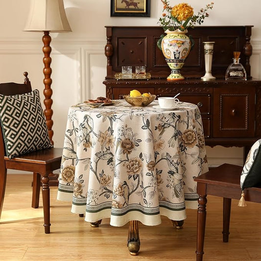 ISAENNE Designer Vintage Linen Small Round Table Cloth,Floral and Bird Pattern Elegant Tablecloth,Fall Wrinkle Resistant Home Decor Tablecloths for Dining Kitchen,Diameter 55"-Murad A