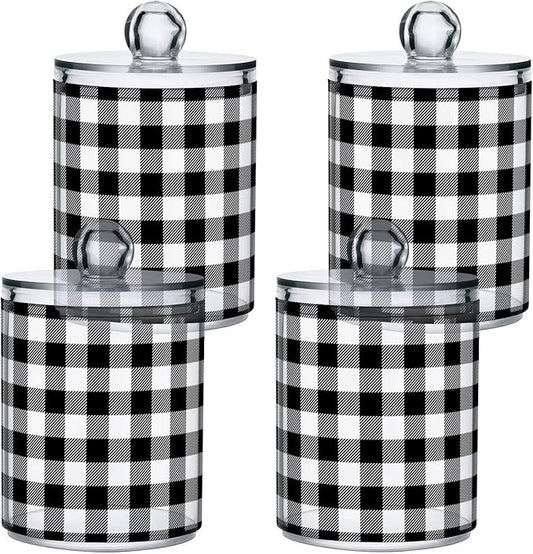 Gredecor Qtip Holder Dispenser 2 Pack Black White Classic Buffalo Plaid Bathroom Decorative Storage Canister Holder Counter Vanity Organizer for Cotton Ball Swabs Pads Floss