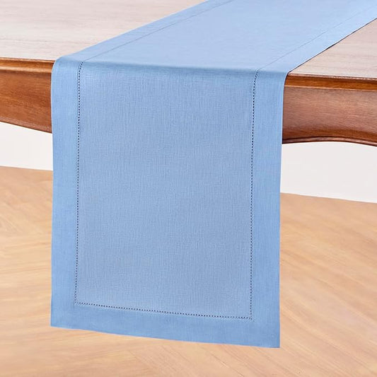 Solino Home Linen Cornflower Blue Table Runner 144 Inches Long - 100% Pure Linen Hemstitch 14 x 144 Inch Table Runner for Dining - Classic Hemstitch