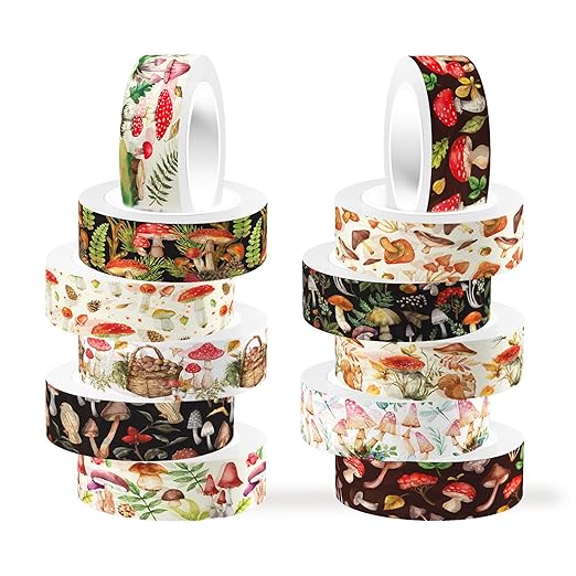 Adirasenotek 12 Rolls Mushroom Washi Tape Set,Vintage Washi Tape Decorative Paper Stickers Decorative Tape,DIY Art Crafts Wrapping Decor for Gifts Wrapping