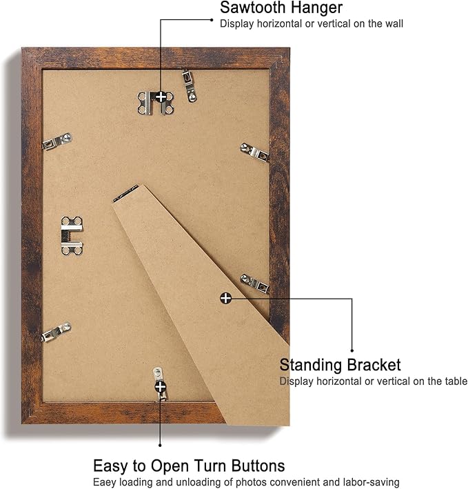 8x12 Picture Frame Set of 4 with High Definition Real Glass, Display 6x8 Pictures with Mat or 8 x 12 Without Mat, Wood Rustic Photo Frames for Tabletop and Wall Mounting