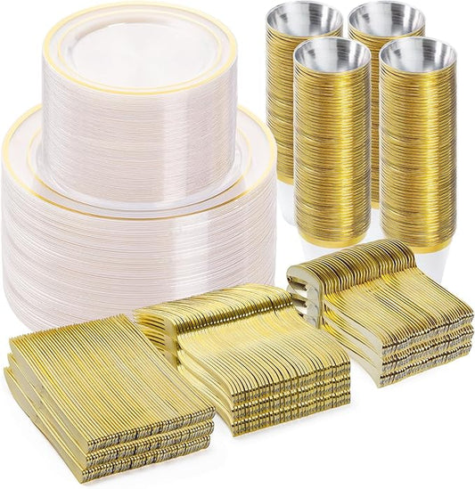 BESTVIP 600PCS Clear Gold Dinnerware Set for 100 Guests, Plastic Plates for Party, Christmas and New Year, 100 Disposable Plates, 100 Dessert Plates, 100 Cups, 100 Spoons, 100 Forks and 100 Knives