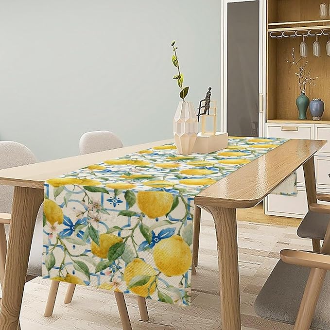 Lemon Table Runner,Watercolor Fruit Green Leaves Spring Summer Table Cloth Kitchen Dining Table Home Party Decoration 13x90 Inch