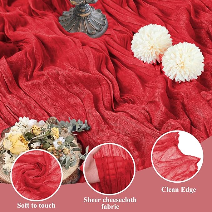 Asee'm 12PCS Fall Table Runner Cheesecloth 10FT Red Boho Gauze Fabric Rustic Sheer Cheese Cloth Runners for Thanksgiving Christmas Wedding Bridal Shower Party