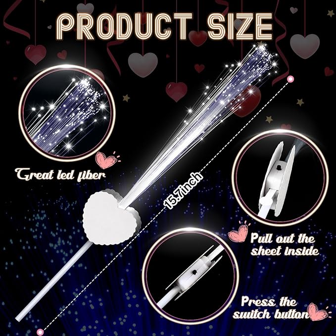 50 Pcs Wedding Sparklers Heart Shaped LED Glow Sticks Fiber Optic Wands Light up Wand with 3 Light Mode for Wedding Bridal Shower Birthday Glow in The Dark Party Supplies (White)