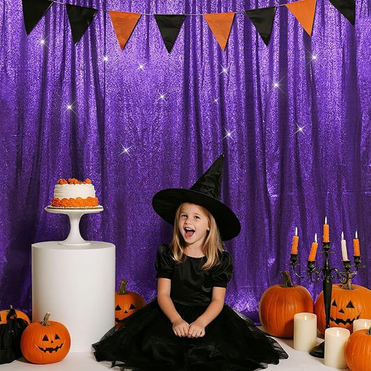 SquarePie Sequin Backdrop Less Transparent Background Sparkly Curtain for Wedding Halloween Party 10FT x 10FT Purple