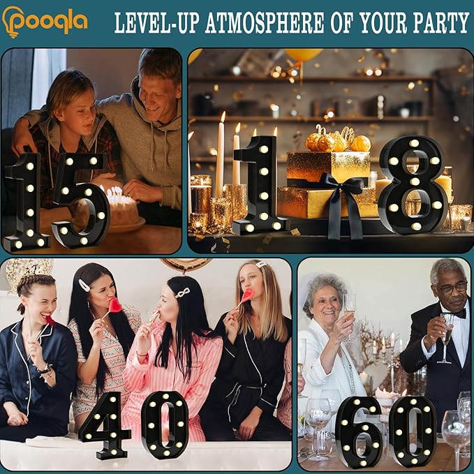 Pooqla Decorative Led Light Up Number Letters, Black Plastic Marquee Number Lights Sign for 16th Birthday Party Wedding Decor Battery Operated Black Decoration 16