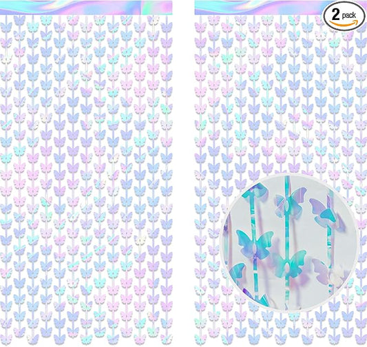 Iridescent Butterfly Fringe Party Backdrop - GREATRIL Fairy Streamers for Butterfly Princess Themed Birthdays Party Decoration - 3.2ft x 6.5ft - 2 Packs