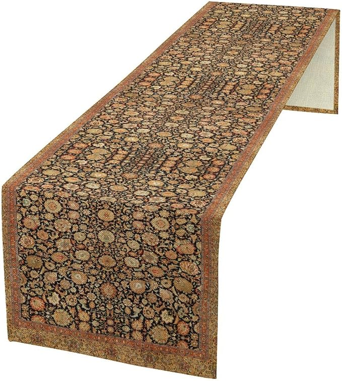 Vintage Boho Floral Table Runner, Rustic Country Farmhouse Orange Yellow Black Retro Flower Pattern for Home Kitchen Table Decor Dining Coffee Room Party Decor 13x72in