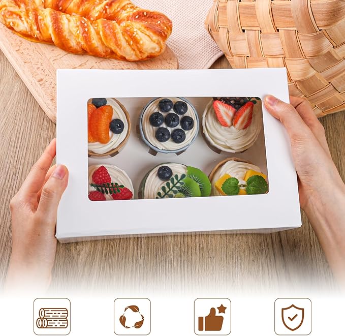 HANSGO 6 Count Cupcake Boxes,6PCS Cupcake Containers with Window White Pastry Boxes for Muffins Pastry Strawberry, Party Supplies 9.5x6.3x3.5 Inch