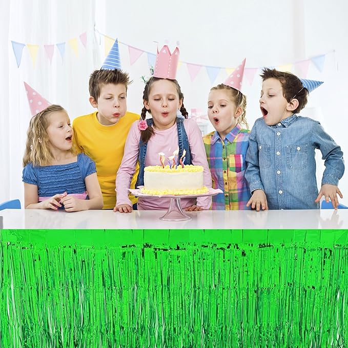 4 Pack Metallic Foil Fringe Tinsel Table Skirts,29x108 Inch Party Disposable Table Skirt Banner for Hotel Banquet Parade Floats Mardi Gras Holiday Birthday Wedding New Year Party Decoration(Green)