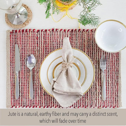 Chardin Home Natural Jute & Red Placemats, Set of 4 – Rustic Handmade Boho Table Mats, 13x19 Inch Dining Table Placemats for Kitchen, Everyday Meals, Holidays, Farmhouse or Modern Table Décor