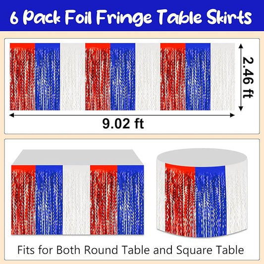 6 Pack 29 x108 Inch White Blue Red Wave Foil Fringe Table Skirts Metallic Banner for Tinsel Streamer Garland Backdrop for Parade Floats, Mother's Day, Easter, Wedding, Birthday Party Decoration