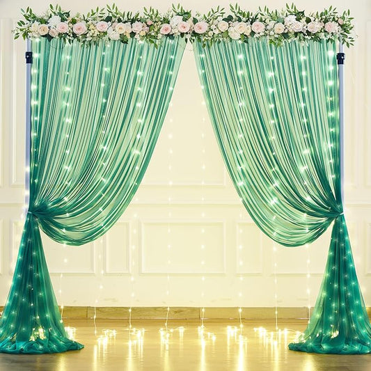 Hunter Green Tulle Backdrop Curtains with Lights String for Parites 10x8ft Sheer Backdrop Curtains Drapes for Birthday Party Bridal Shower Baby Shower Photo Booth Background Decorations