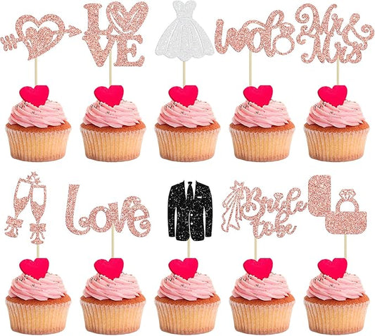 Ephlyn 30Pcs Bride to be Cupcake Toppers Glitter Wedding Cake Topper Decorations I Do Love Heart Ring Cupcake Picks for Bridal Shower Wedding Engagement Party Supplies Rose Gold