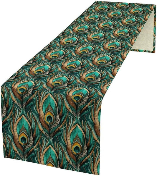 Peacock Feather Table Runner,Retro Aesthetic Green Table Runner for Home Kitchen Dining Party Indoor Outdoor Decoration 13x120 Inch