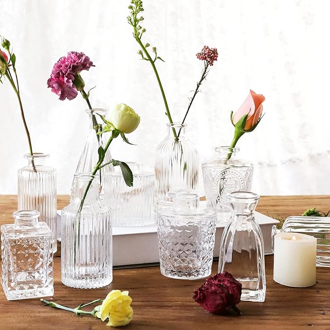 Glass Bud Vases -Set of 20 for Flowers, Small Clear Bud Vases in Bulk for Centerpieces Home Decor, Mini Glass Assorted for Rustic Wedding Floral Arrangements Home Table Decorations