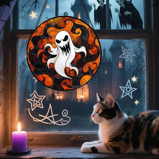 Stained Glass Window Hanging - Halloween White Ghost Suncatcher for Doors Window Garden Indoor Spooky Funny Orange Sun Catchers Gothic Decor Horror Gifts for Women Men Friend 9.8 in